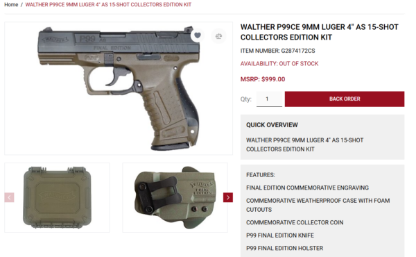 WALTHER P99CE 9MM LUGER 4″ AS 15-SHOT COLLECTORS EDITION KIT - Image 2